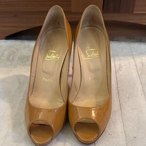 Christian Louboutin Women’s Peep-Toe Patent Pumps in Tan